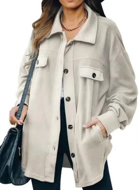 Beige Womens Button Down Shirts Shacket Jackets Mid Length Trench Pea Coat - FARYSAYS