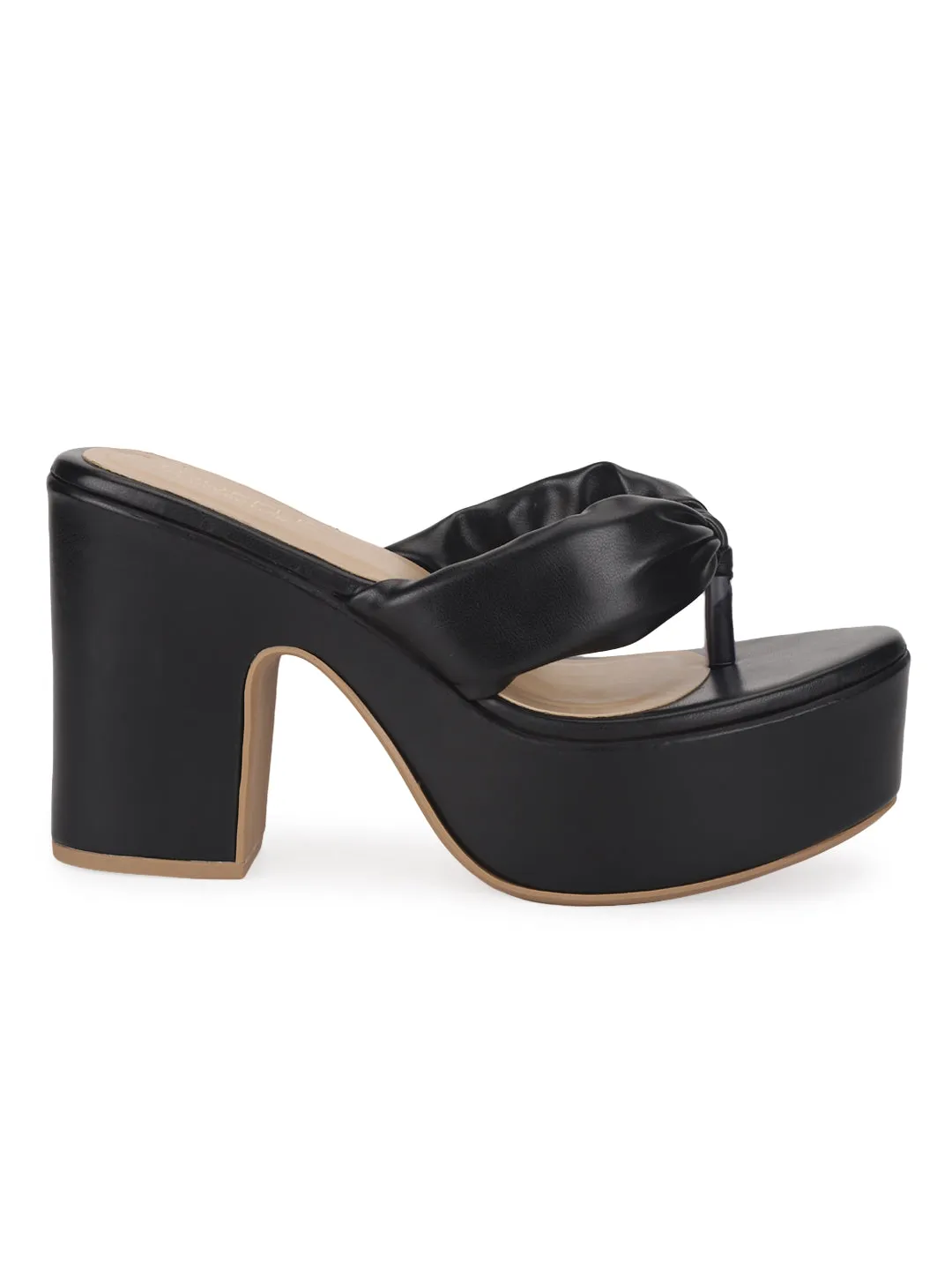 Black PU Flip Flop High Block Heel Mules (TC-ST-1256-BLK)