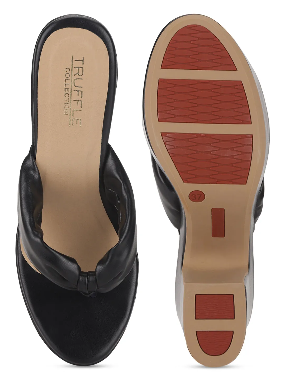 Black PU Flip Flop High Block Heel Mules (TC-ST-1256-BLK)