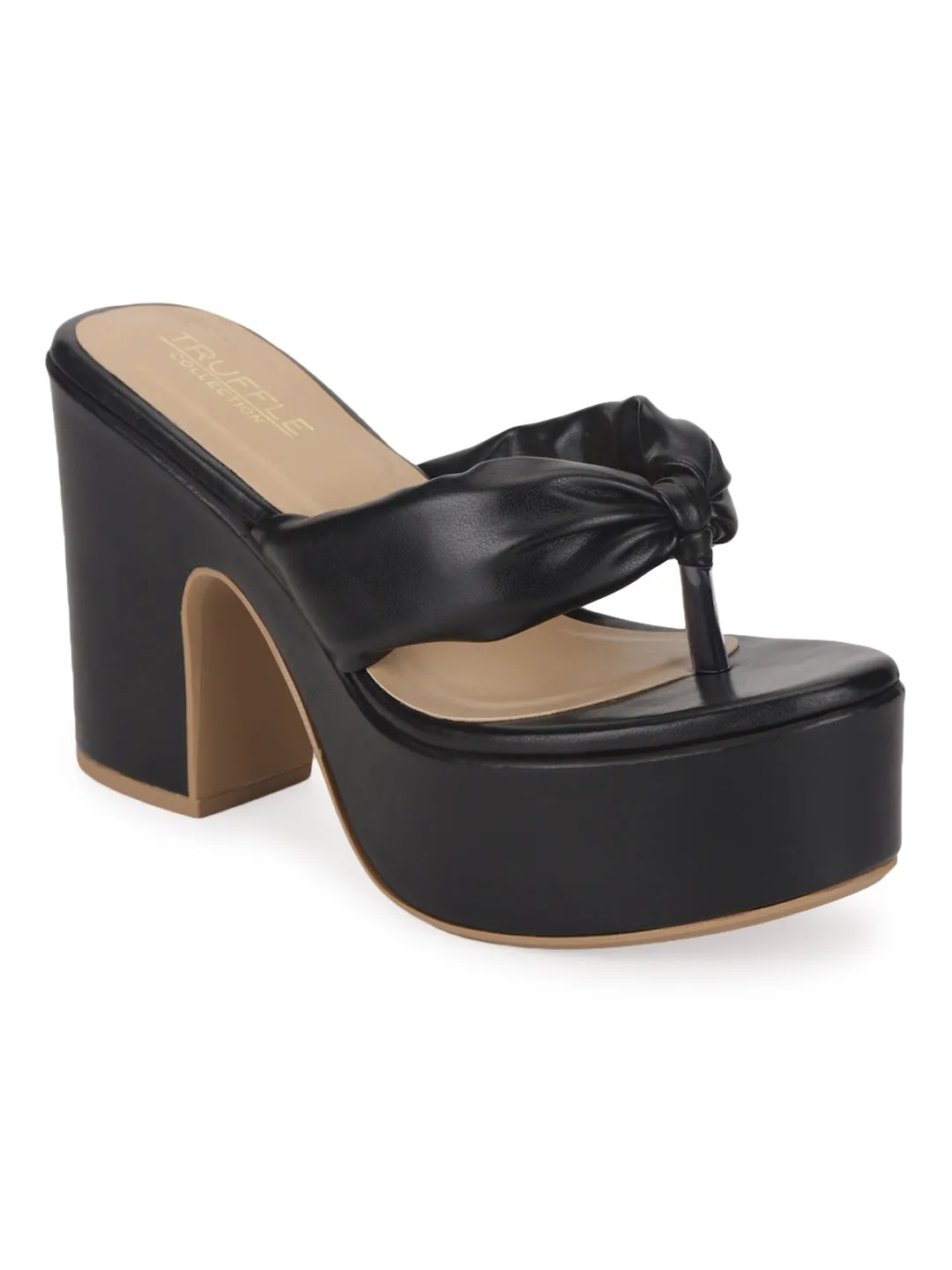Black PU Flip Flop High Block Heel Mules (TC-ST-1256-BLK)