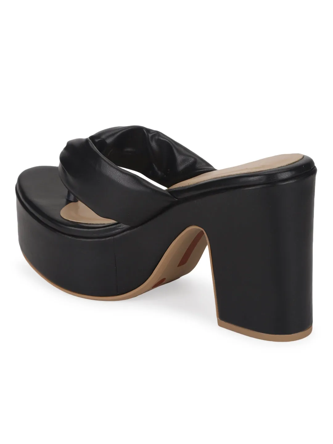 Black PU Flip Flop High Block Heel Mules (TC-ST-1256-BLK)