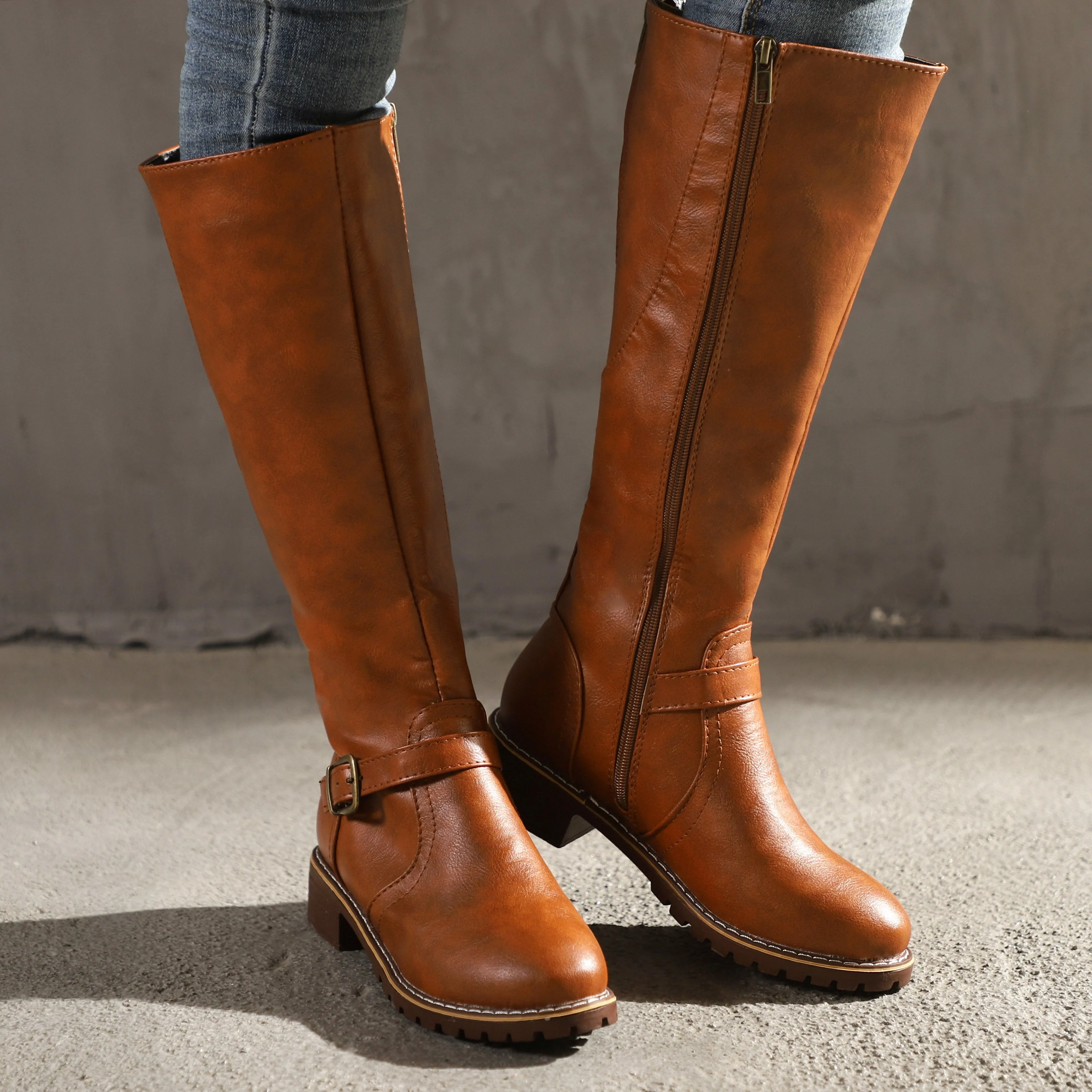 Chicvane Retro British Stylish Strap Buckle  Knee High Boots with Zipper