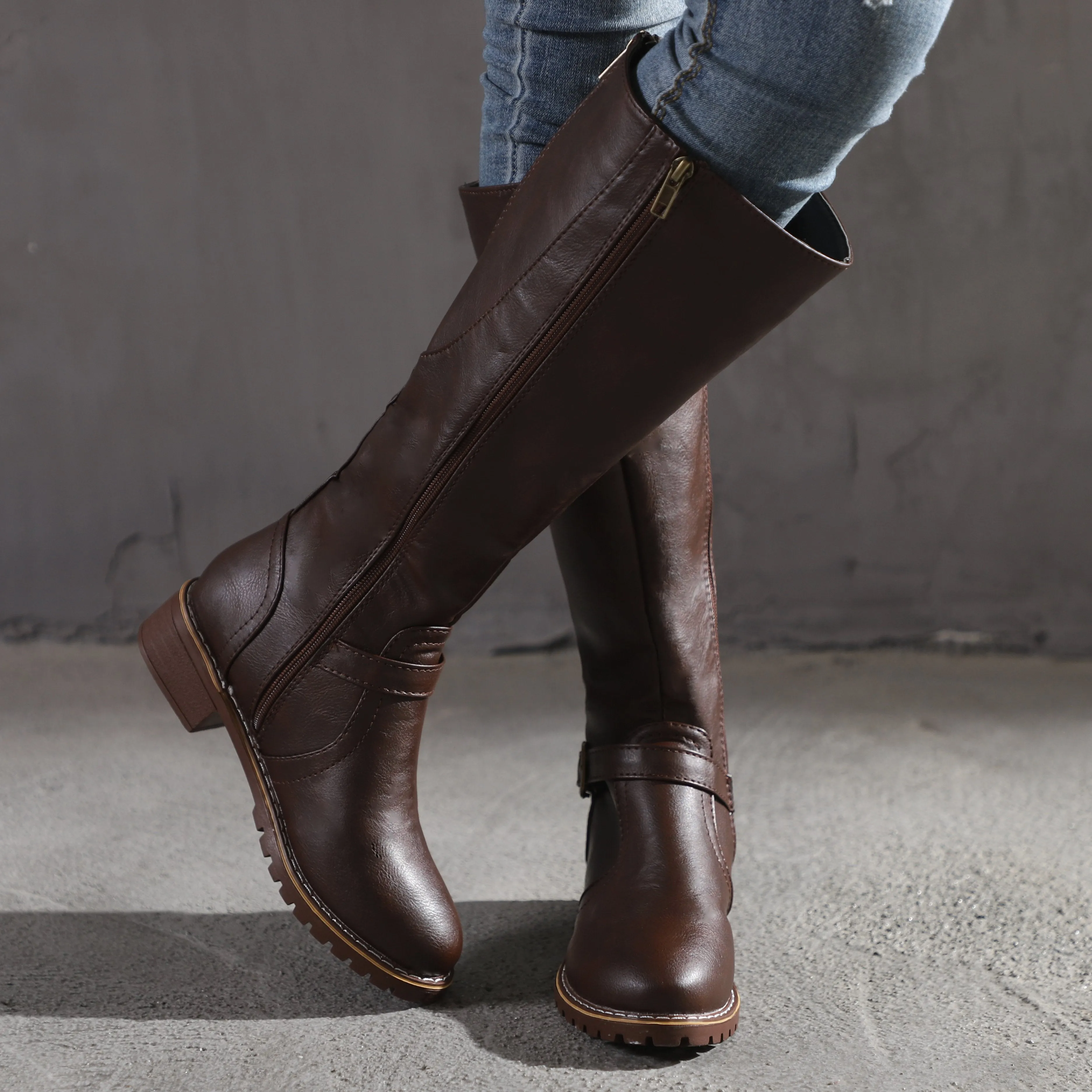 Chicvane Retro British Stylish Strap Buckle  Knee High Boots with Zipper