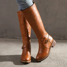 Chicvane Retro British Stylish Strap Buckle  Knee High Boots with Zipper