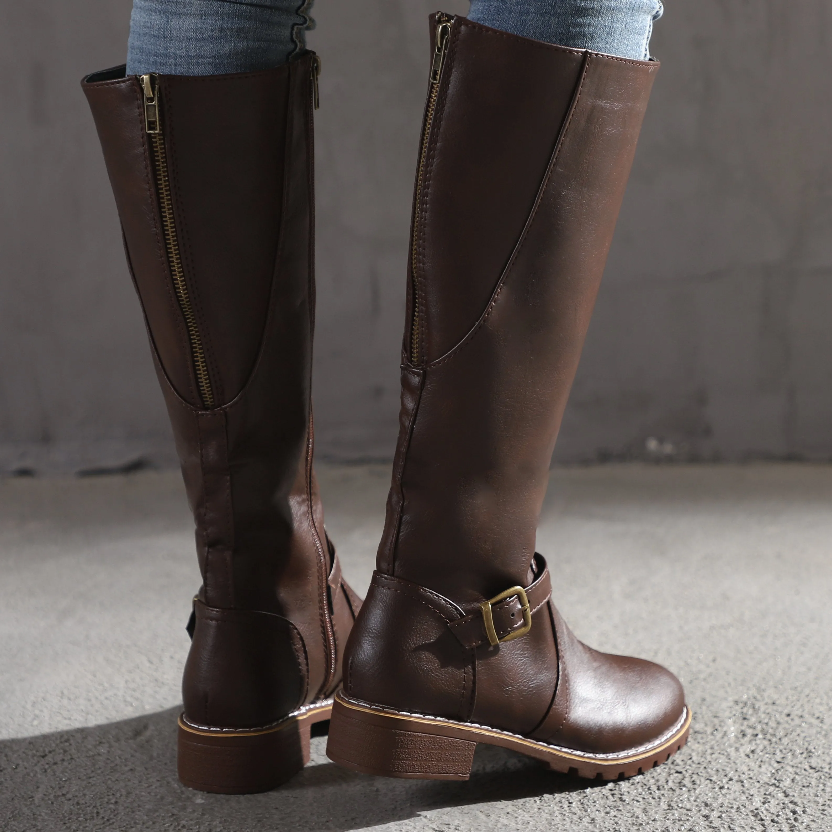 Chicvane Retro British Stylish Strap Buckle  Knee High Boots with Zipper