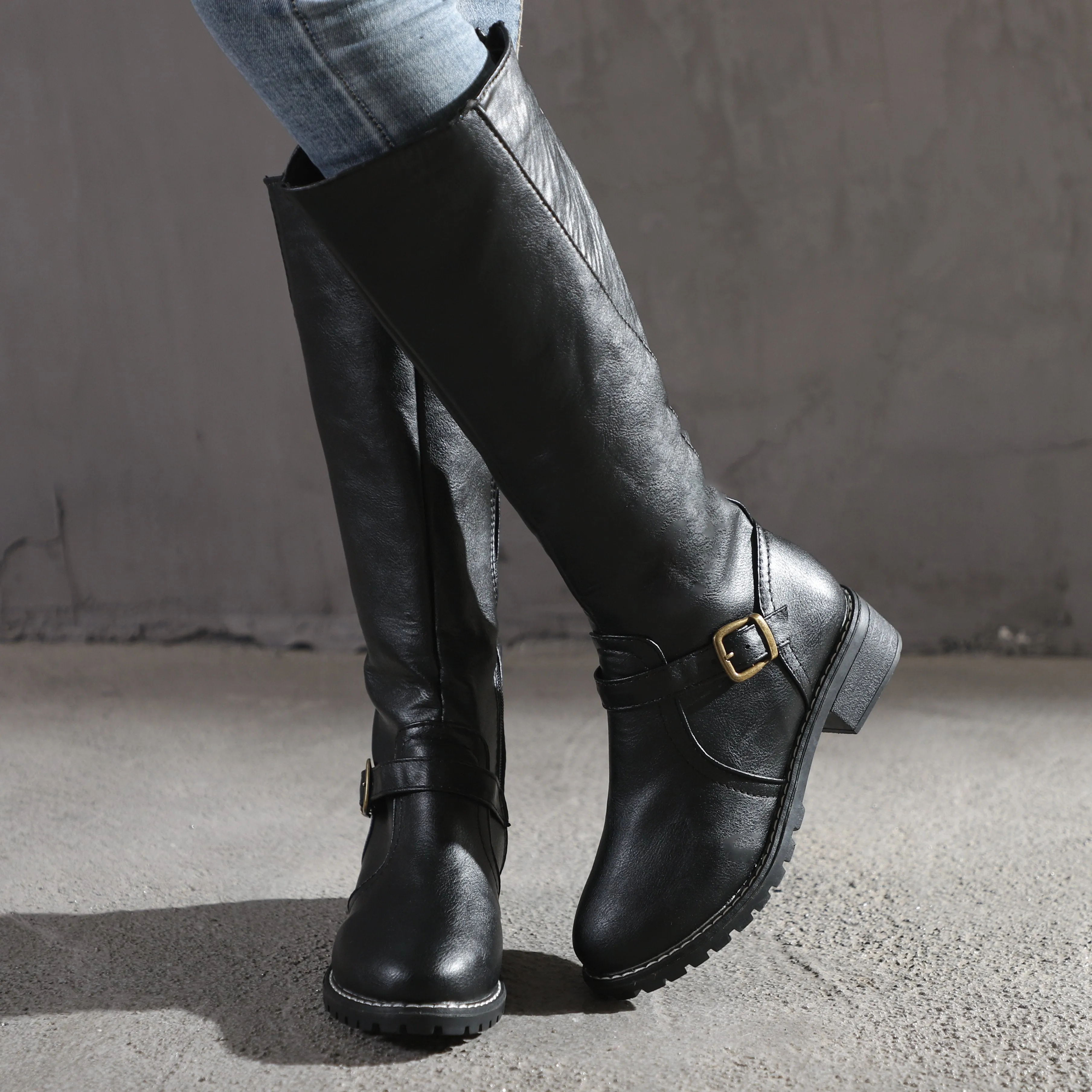 Chicvane Retro British Stylish Strap Buckle  Knee High Boots with Zipper