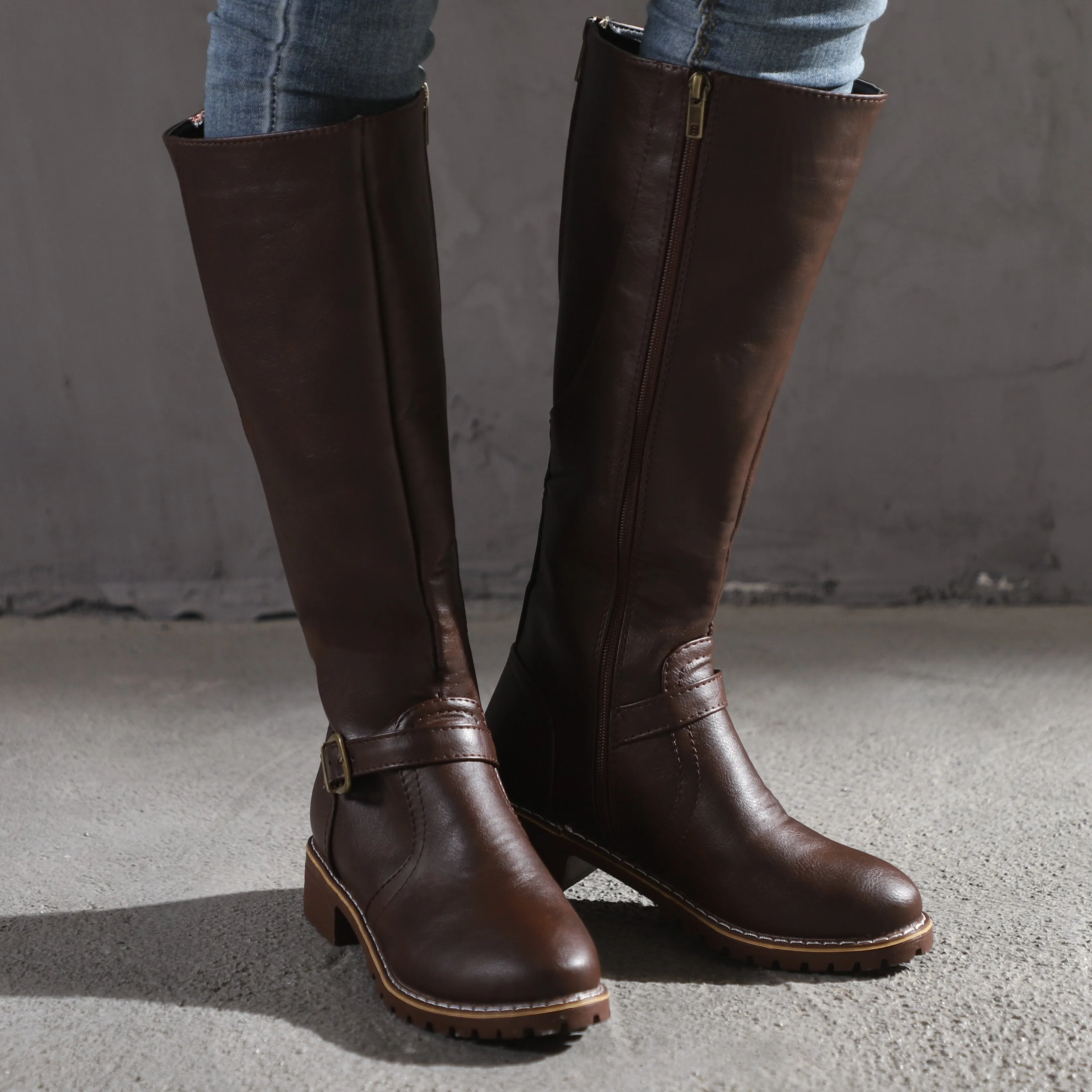 Chicvane Retro British Stylish Strap Buckle  Knee High Boots with Zipper