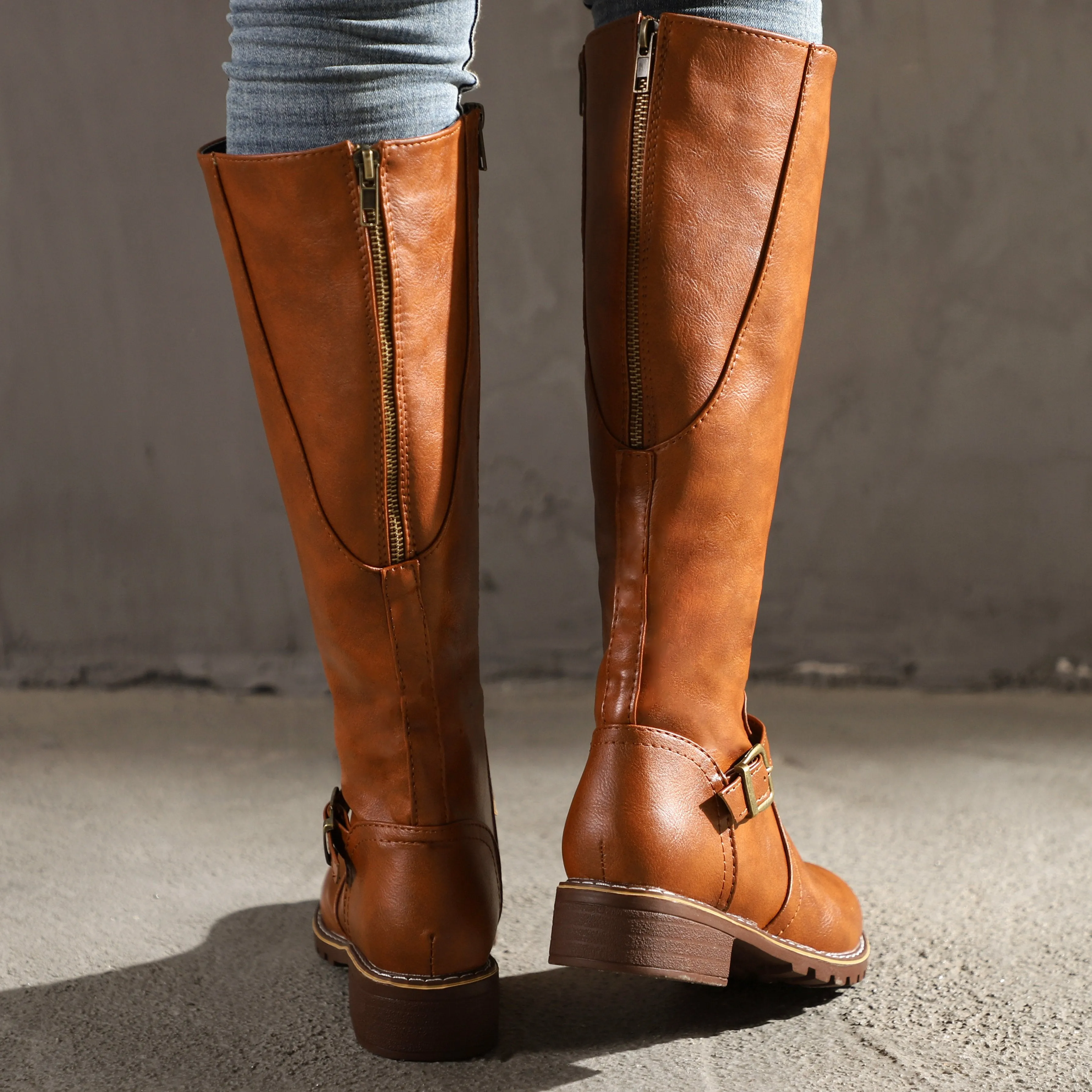 Chicvane Retro British Stylish Strap Buckle  Knee High Boots with Zipper