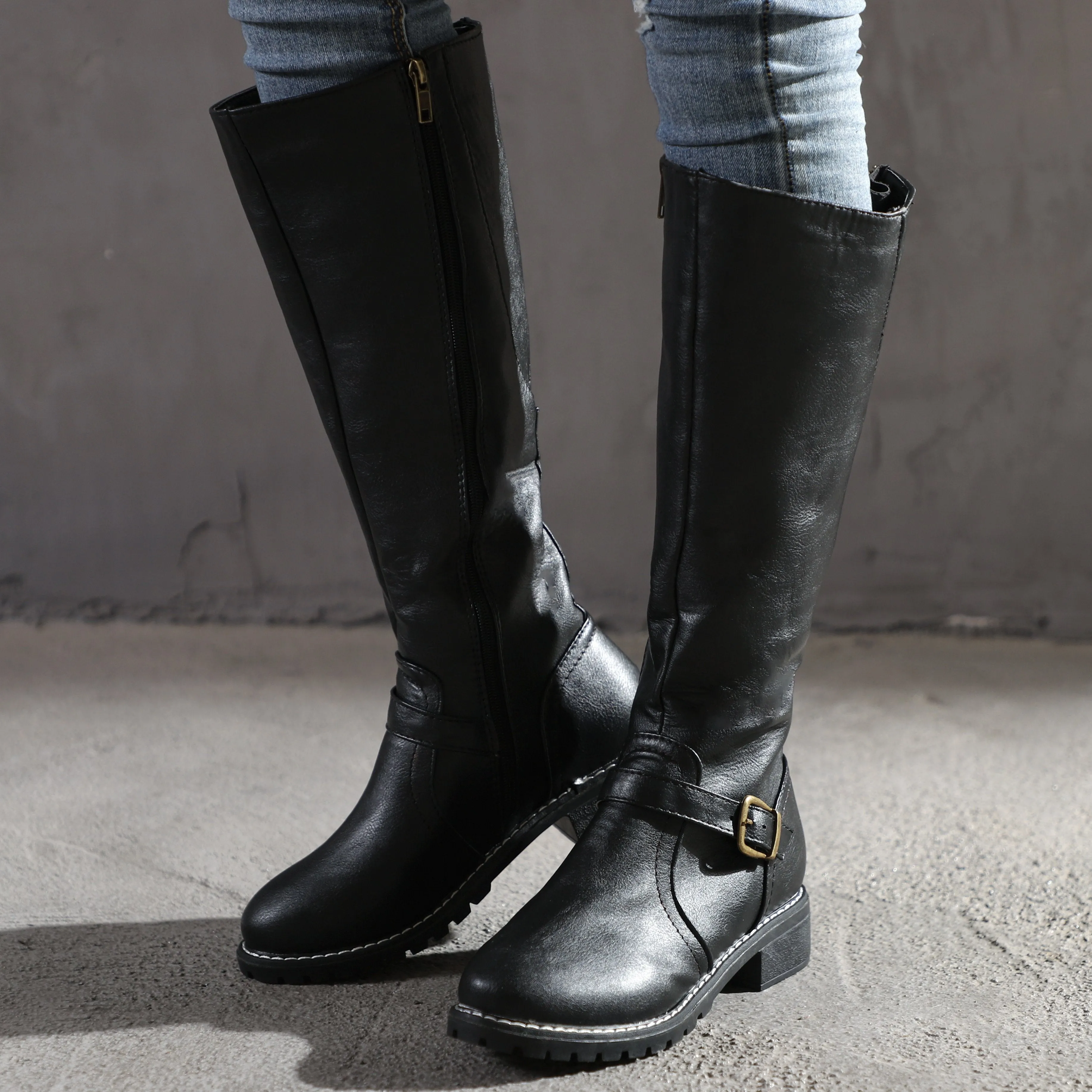 Chicvane Retro British Stylish Strap Buckle  Knee High Boots with Zipper