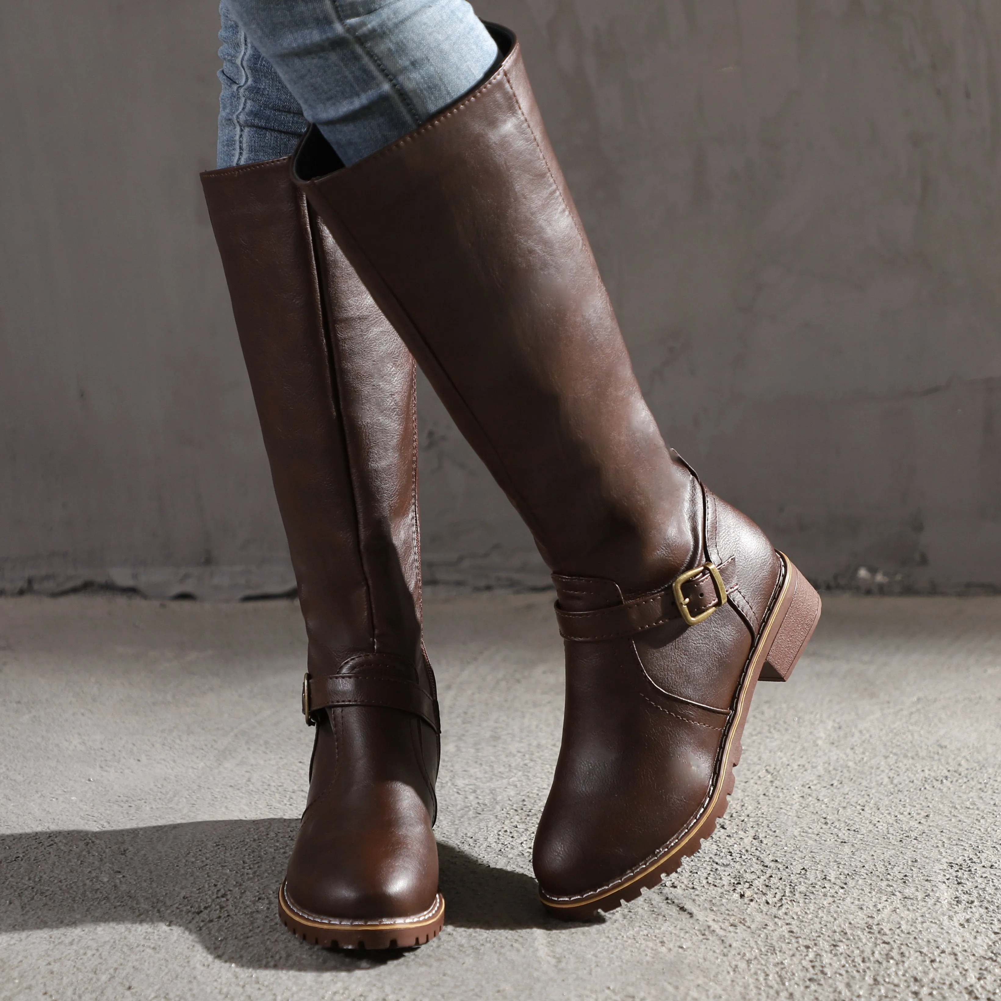 Chicvane Retro British Stylish Strap Buckle  Knee High Boots with Zipper