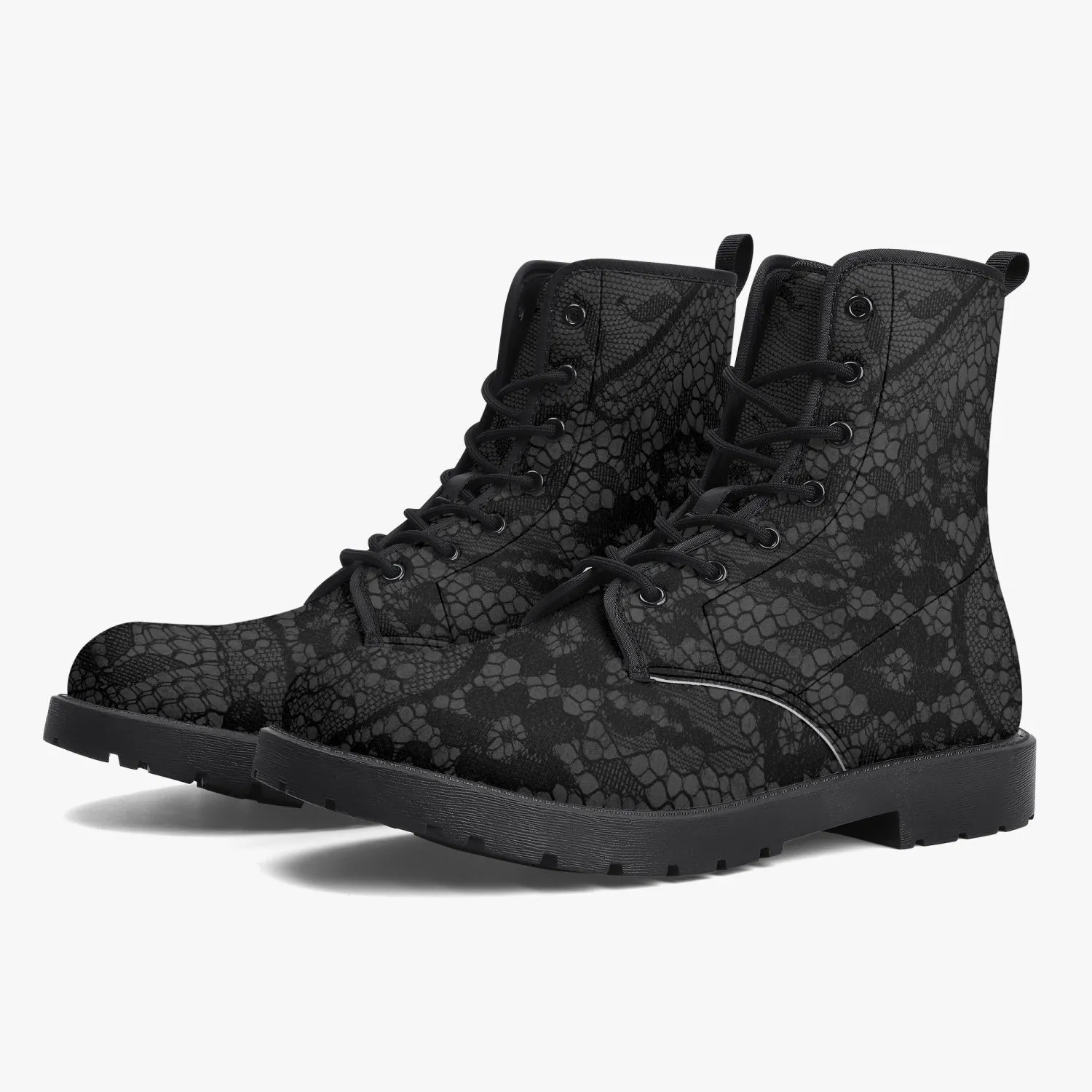 Gothic Grey and Black Lace Vegan leather Combat Boots - Vegan Leather Goth Boots (JPREG81)