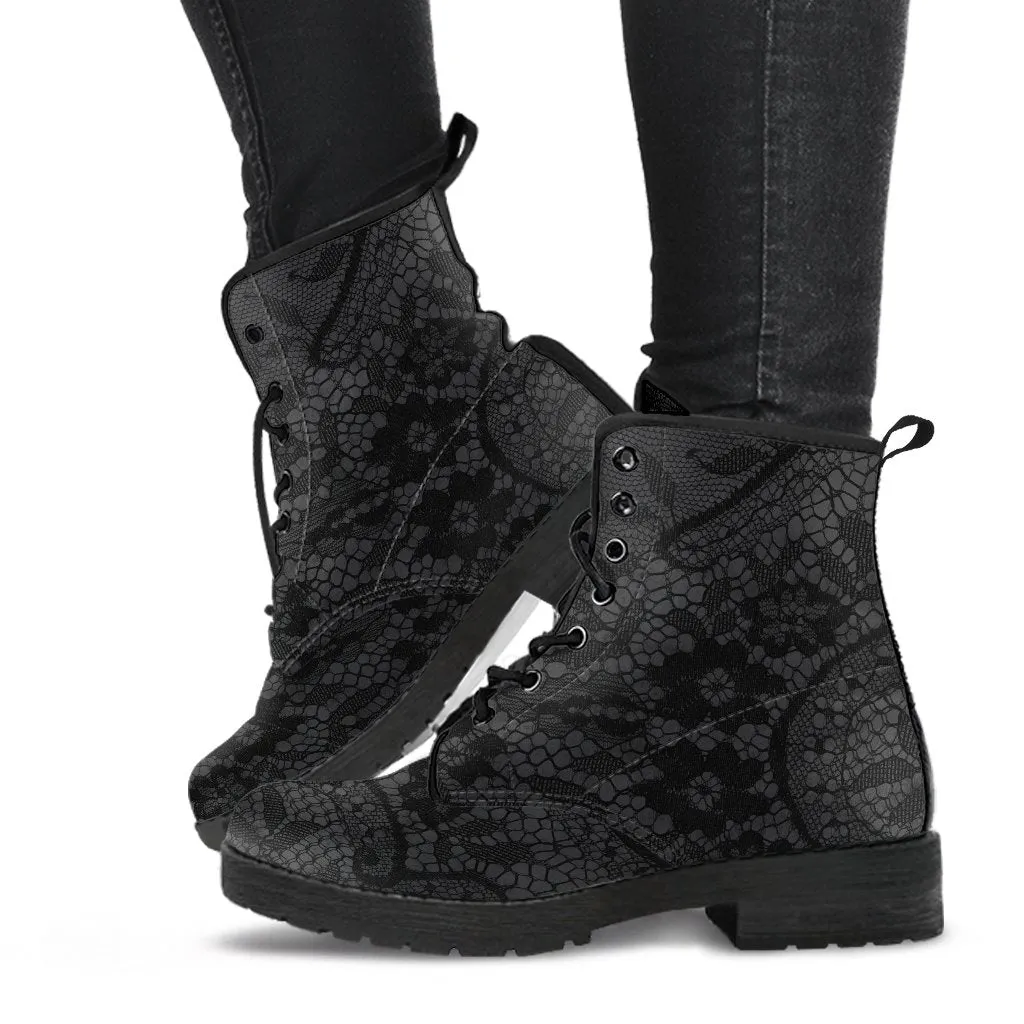 Gothic Grey and Black Lace Vegan leather Combat Boots - Vegan Leather Goth Boots (JPREG81)