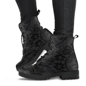Gothic Grey and Black Lace Vegan leather Combat Boots - Vegan Leather Goth Boots (JPREG81)