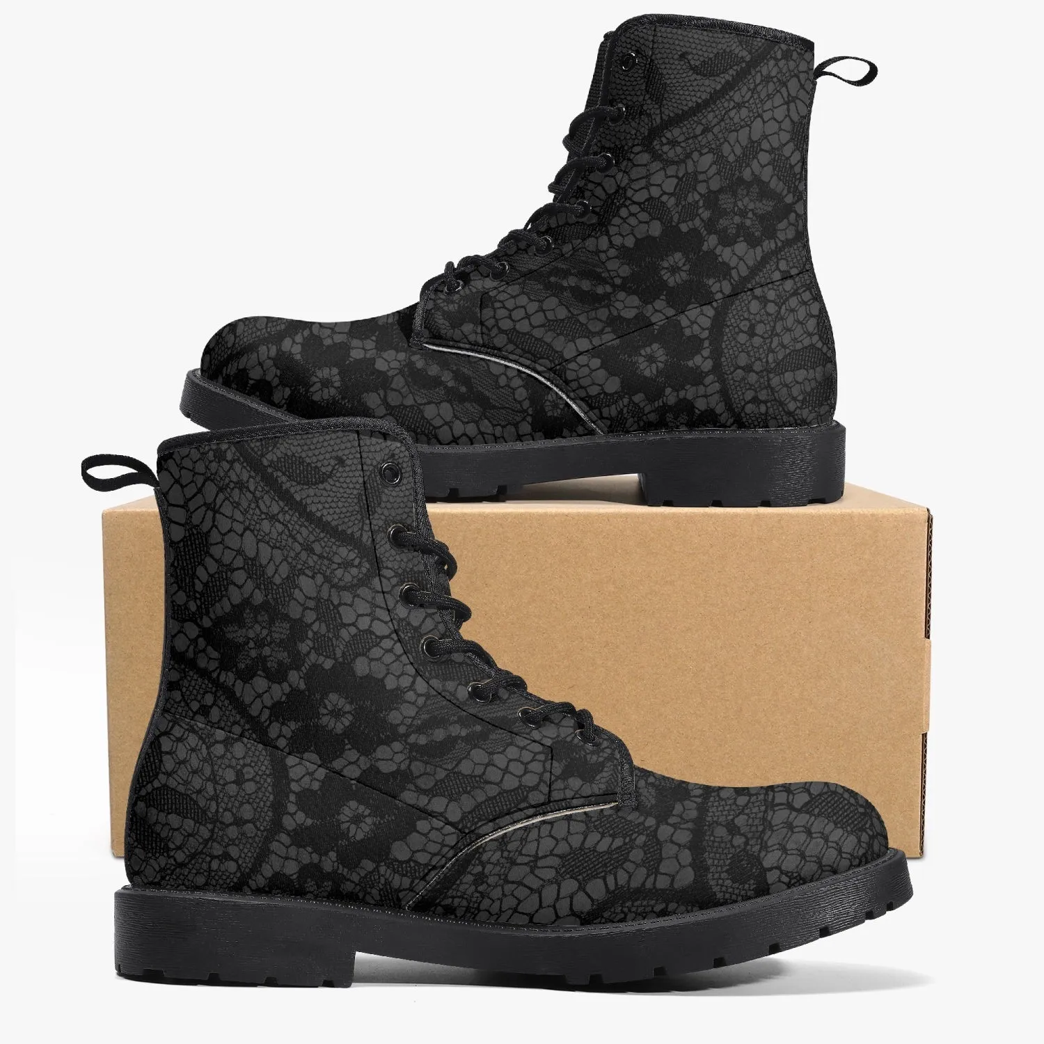 Gothic Grey and Black Lace Vegan leather Combat Boots - Vegan Leather Goth Boots (JPREG81)