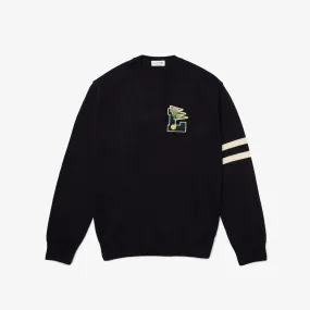 Lacoste Mens Crew Neck Pennants L Badge Wool And Cotton Sweater Navy Blue/Beige AH6789 KTZ
