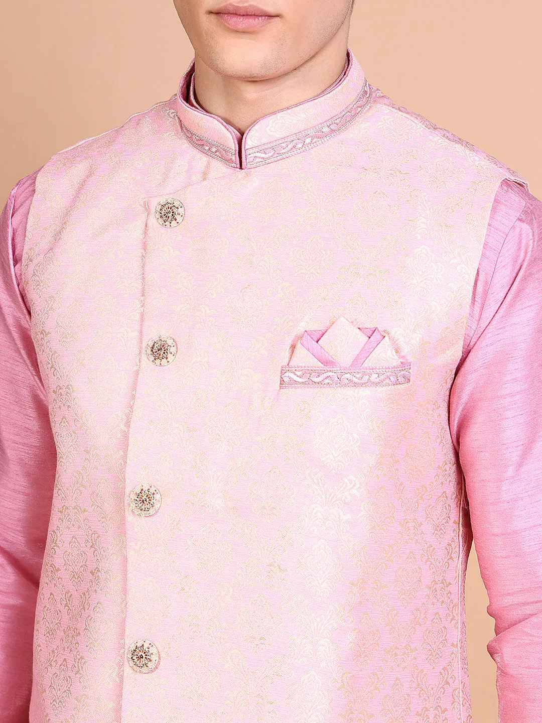 Men Pink Solid Kurta Set with Nehru jacket