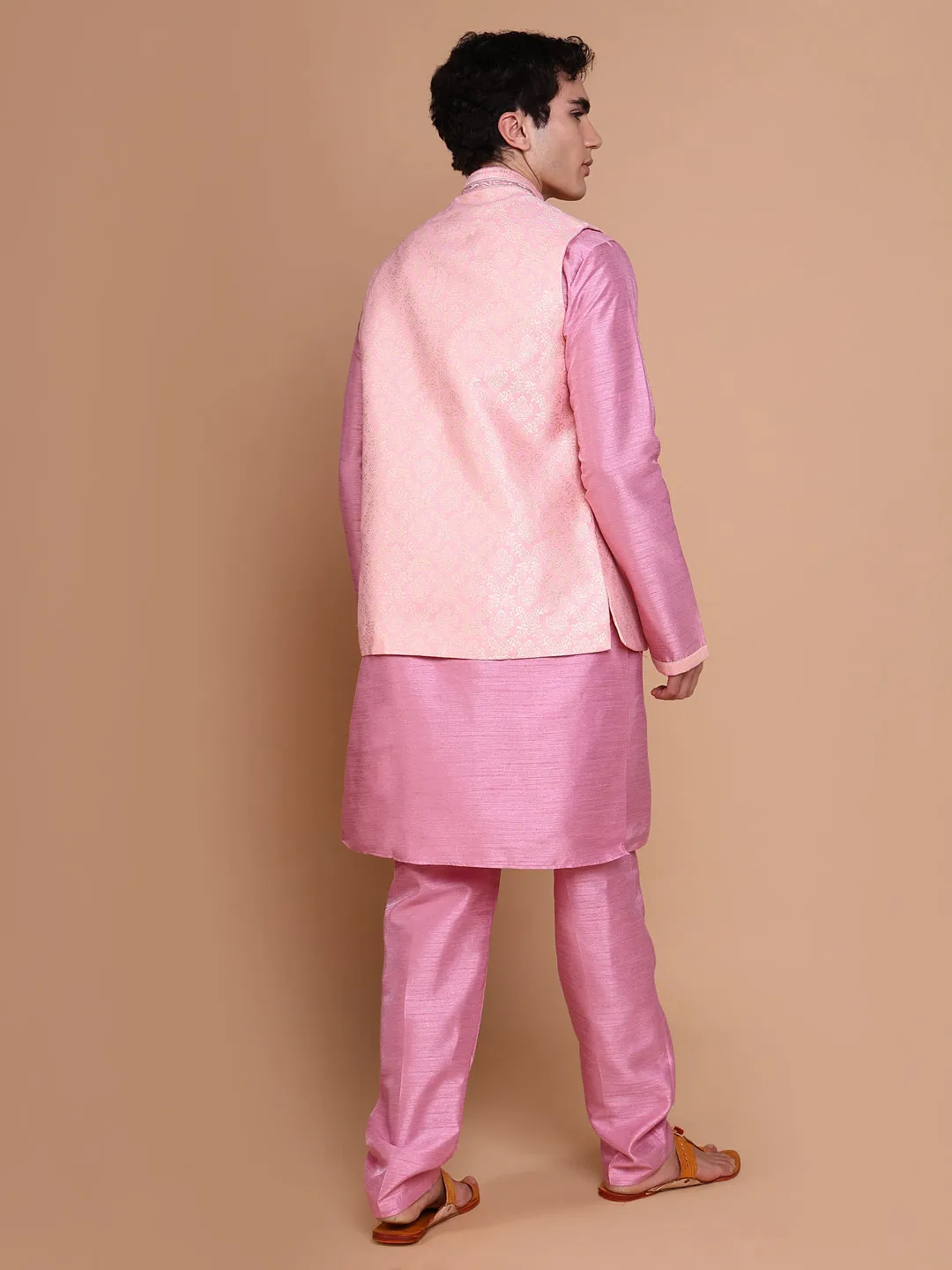 Men Pink Solid Kurta Set with Nehru jacket
