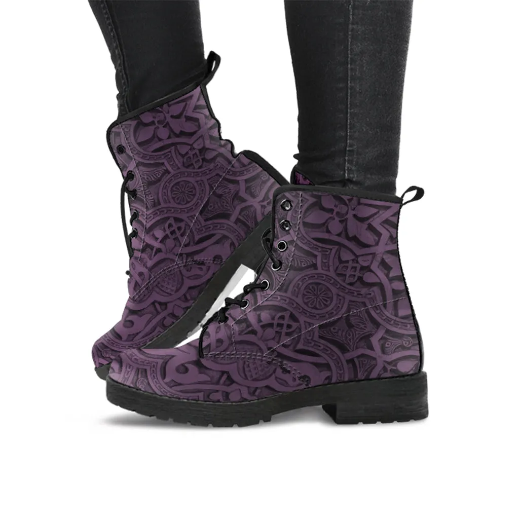 Vintage Mandala Pattern in Purple Taupe - Vegan Leather Boots for Women's