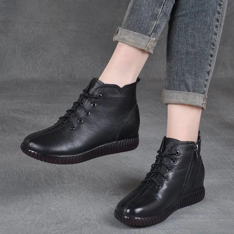Winter Leather Ankle Boots for Women – Soft Lace-Up Flat Shoes, Comfortable Casual Moccasins with Side Zip & Plush Warm Lining